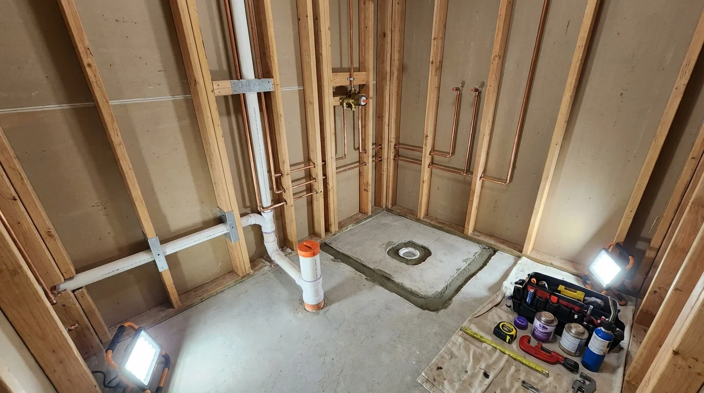 Bathroom rough-in plumbing during remodel by Johns Plumbing LLC in Van Meter