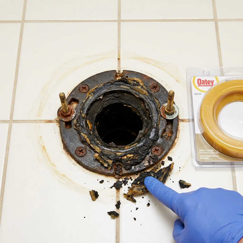Failed wax ring showing water seepage at the base of a toilet in a Van Meter, IA home