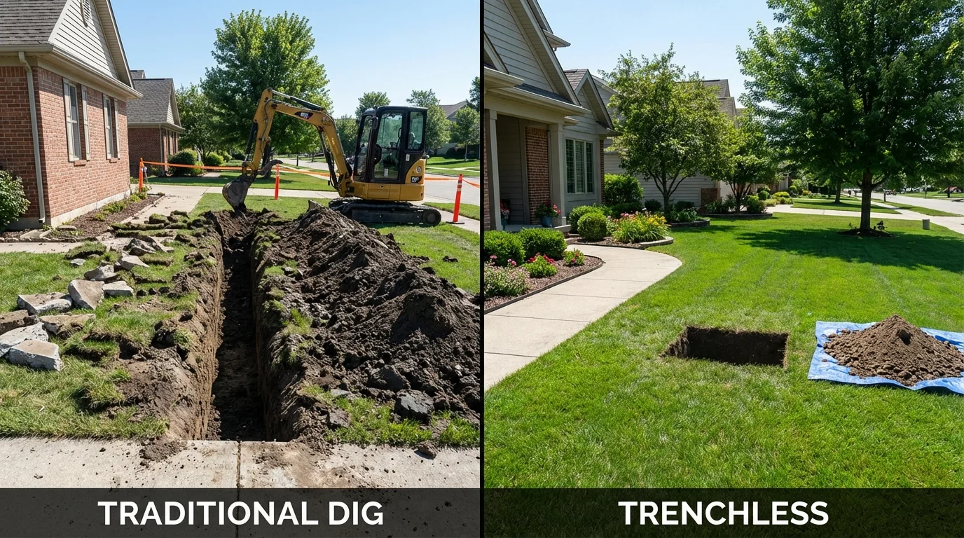 Trenchless sewer repair with minimal yard damage versus traditional excavation in Van Meter, IA