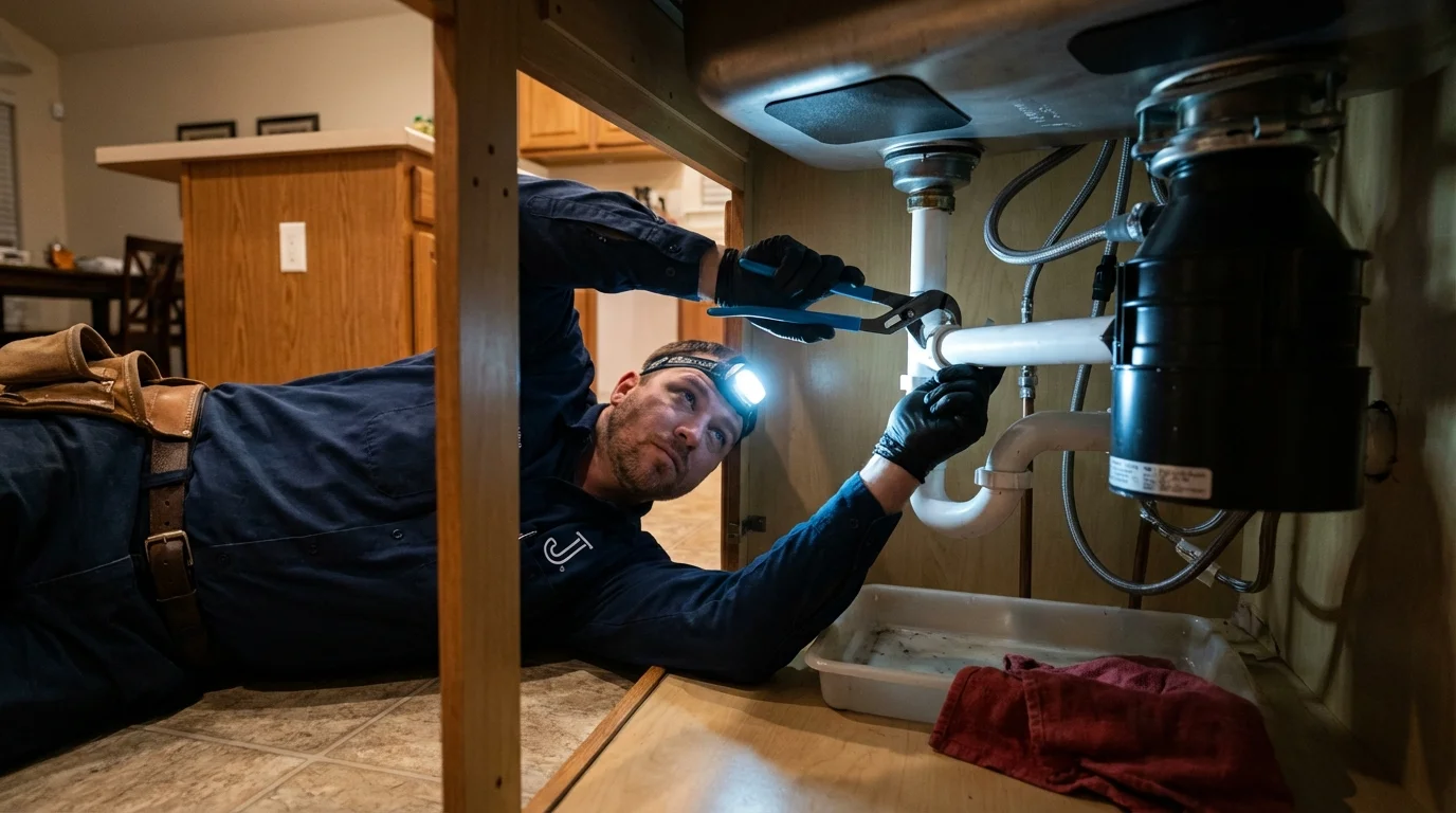 P-trap and supply line connections under a kitchen sink showing a common leak point in Van Meter, IA